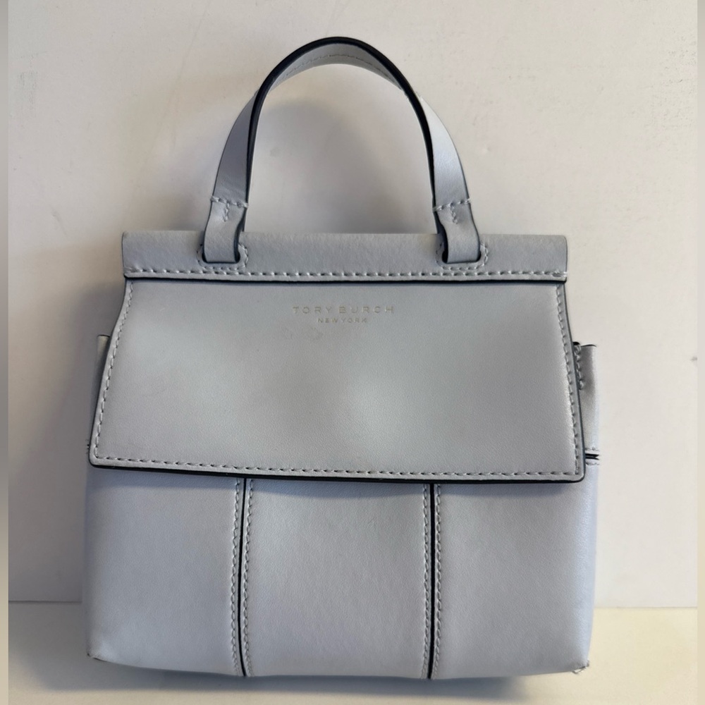 *TORY BURCH Block-T Top-Handle Leather Mini Satchel Bag in Shell blue